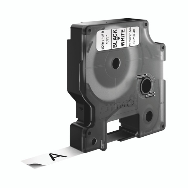 CW Office Dymo D1 Nylon Flex Tape 12MM BLK/WHT, handheld label maker tape with black text on white background for labeling purposes.