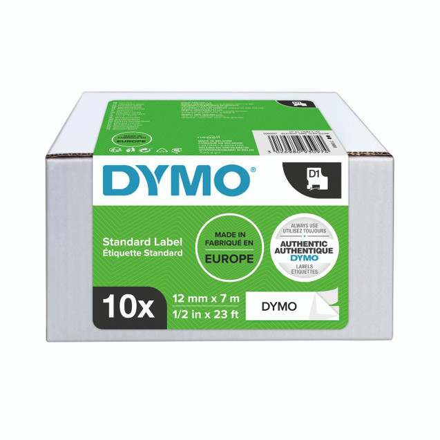 Product CW Office Dymo D1 Lab Tape 12X7MM BLK/WHT PK10, box of 10 black and white labelling tapes with dimensions 12mm by 7m for label makers.