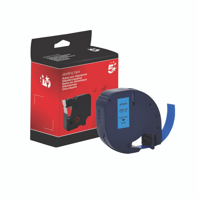 CW Office Letratag Plast Tape 12MMX4M BLK/BLU, blue and black labeling tape cassette with packaging box showing the tape's specifications.
