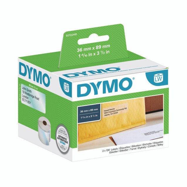Product CW Office Dymo Addr Label Lg 36X89MM Clr PK260, rectangular adhesive address labels in yellow color inside a green and white packaging box with Dymo branding.