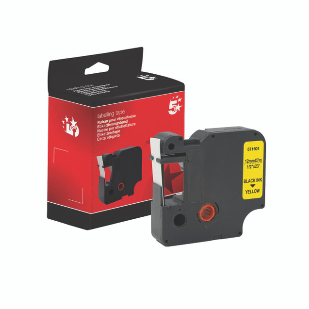 CW Office 4500 Label Tape 12MM Black/Yllw, a black tape cartridge with yellow labeling and packaging box, designed for label printers with 12mm width and 7m length, featuring black ink on yellow background.