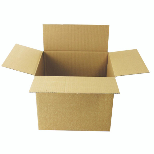 CW Office Single Wall 305X254X254MM Cartons, open cardboard box with flaps extended, empty shipping and packing box.