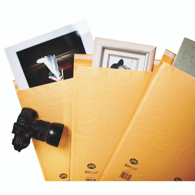 CW Office Airkraft BAG 460X660MM Gold PK50, image of three yellow envelopes with pictures and a camera inside, suitable for office or photography use.