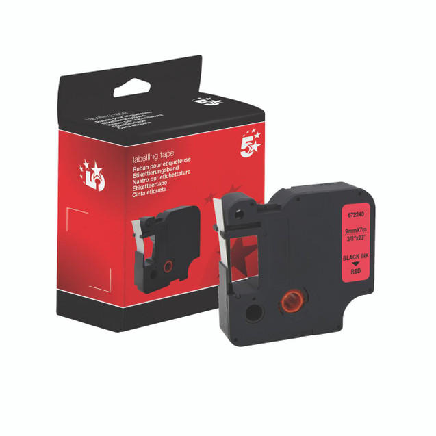 CW Office 1000/5000 Tape 9MMX7M BLK/Red, black and red labeling tape cartridge with packaging box.