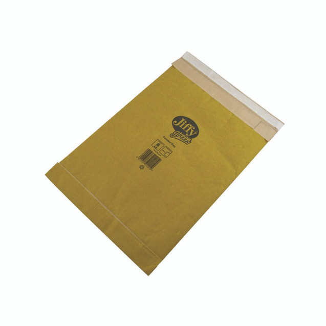 CW Office Jiffy Padded BAG 195X343MM Gold PK10, gold-colored padded mailing bag with Jiffy Green branding and barcode for secure sending of documents or small items.