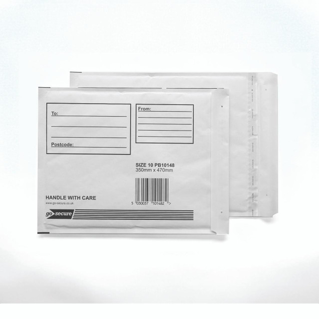 CW Office Gosecure Bubble Env Size 10 WHT PK50, white bubble envelopes with size 10 measuring 350mm x 470mm, multiple envelopes stacked, ideal for secure mailing.