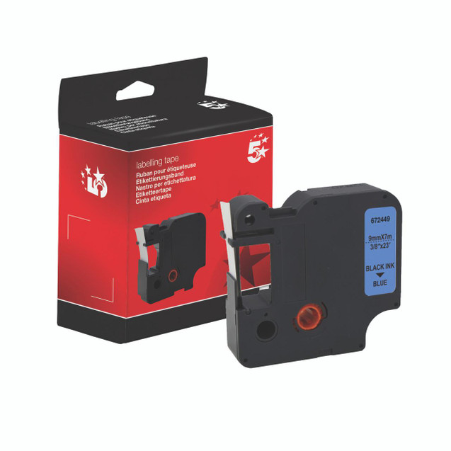 CW Office 1000 Label Tape 9MM Black Blue, a black label tape cartridge with blue label indicating dimensions 9mm x 7m and black ink for use with compatible label printers.