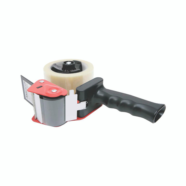 CW Office Rapesco Hand Held Carton Sealer BLK, black and red portable carton sealing tool with tape roll and handle.