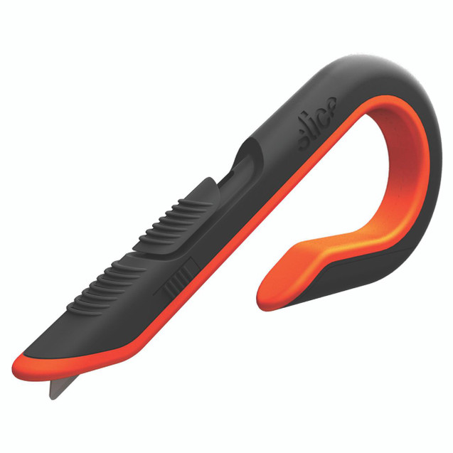 CW Office J Handle Red Slice Box Cutter/Knife, a handheld utility knife with a black and orange ergonomic handle and a retractable sharp blade.