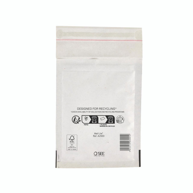 CW Office Sealed Air White BAG 110X160MM P100, sealed white plastic mailing bag with recycling symbols and product details printed on it.
