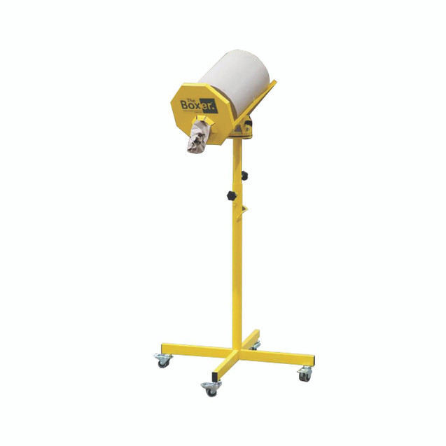 CW Office Floor Mounted Paper Void Fill Disp, yellow stand with a cylindrical paper roll for filling voids in packaging.