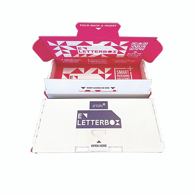 CW Office Go Secure E-Letterbox 260X110X30MM, red and white letterbox packaging for secure mail collection with fold back and insert features.