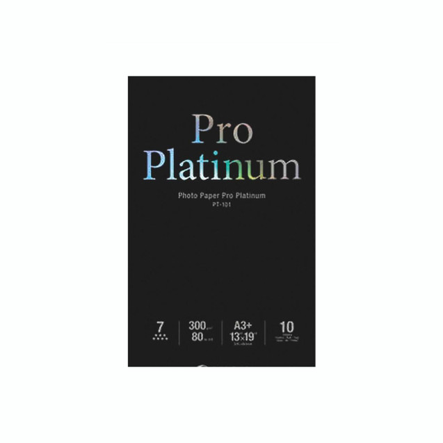 CW Office Canon Plat PT-101 A3+ Photopaper P10, black Photopaper packaging with colorful 'Pro Platinum' text and product specifications.