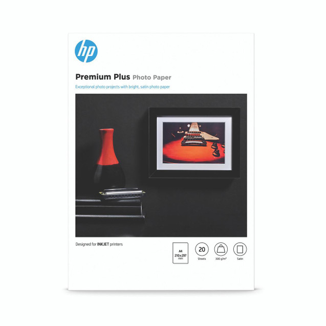 Product CW Office HP Phto PPR 300GM Sglss A4 PK20, image of a box of premium photo paper with a picture of a guitar on the front.