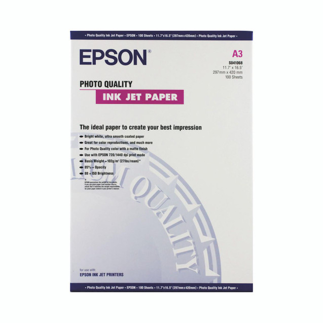 Product CW Office Epson A3 Phot Inkjet Paper, white paper sheet for photo quality printing in a pack of 100 sheets.