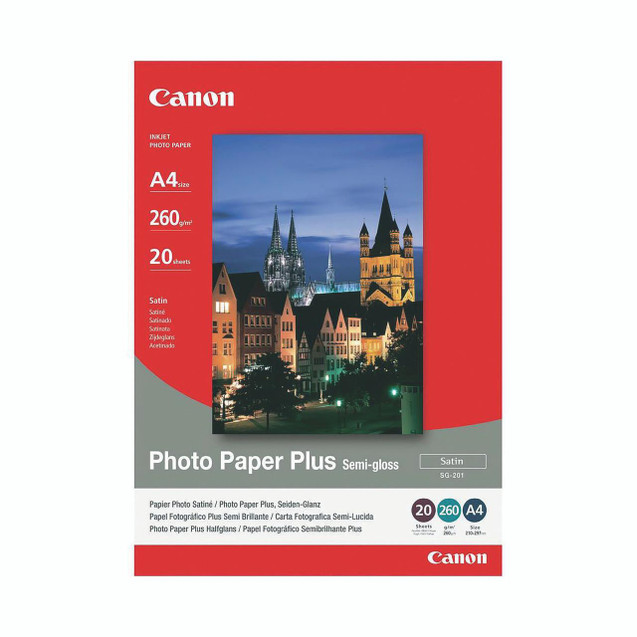 CW Office Canon Bubblejet Media SG-201 A4 PK20, inkjet photo paper with semi-gloss finish, designed for high-quality photo printing, 20 sheets, 260 g/m², suitable for Canon printers.