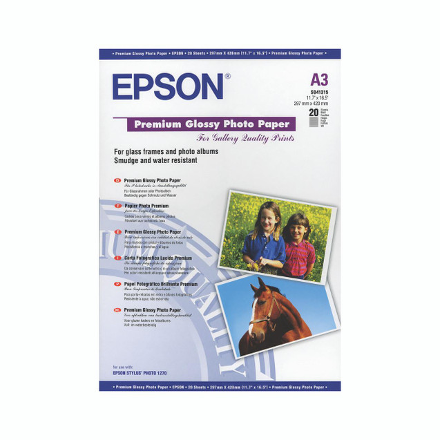 CW Office Epson A3 Phot PPR Glssy 225GSM PK20, image of the glossy photo paper packaging showcasing two sample photos of children and a horse.