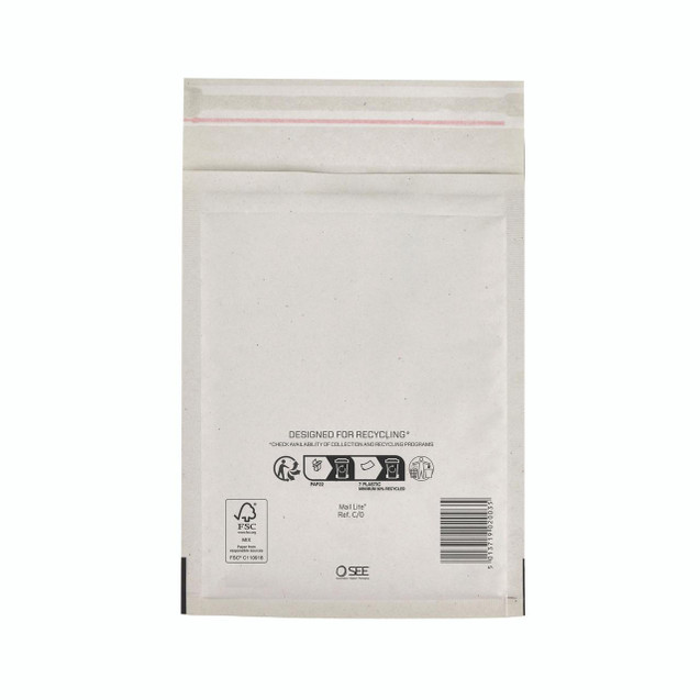 CW Office Bubble Lined BAG White 150X210 PK100, white bubble-lined shipping and mailing bag with sealing strip for protection.