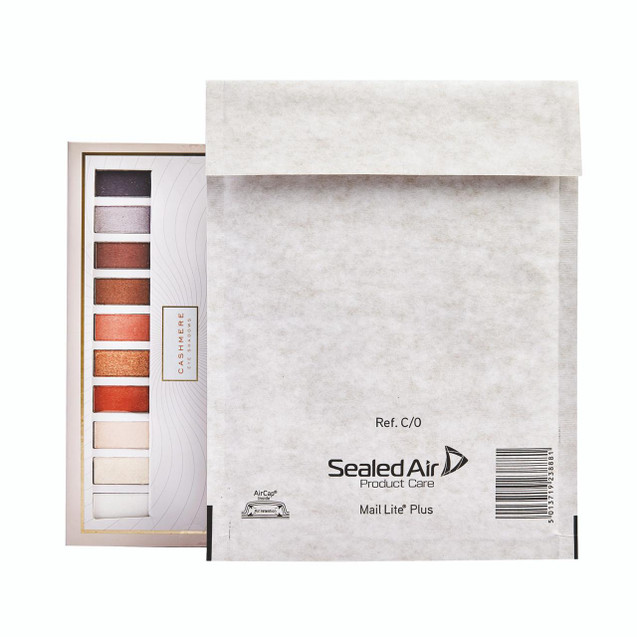 CW Office Sealed Air + White 150X210MM PK100, mailing envelope with sealing flap shown with decorative eyeshadow palette beside it.