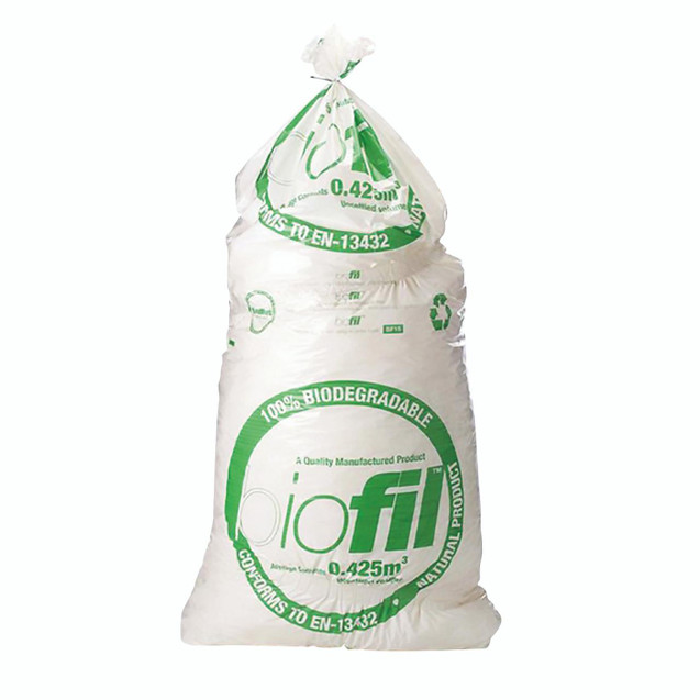 CW Office Biofil Loosefill BAG 2.4KG, biodegradable packing material in white plastic bag with green text and symbols.