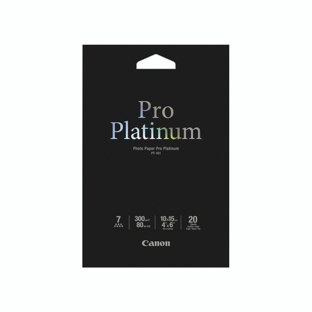 CW Office Canon PT-101 Platinum Pro 6X4 Photo Paper, black packaging with holographic text and logo, for professional photo printing.