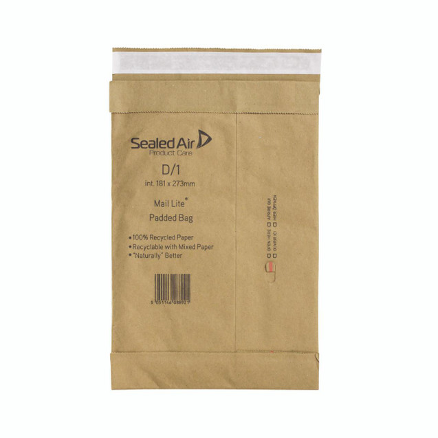 CW Office Sealed Air Post BAG Brown D1 PK100, sealed brown padded mailing bag with product details in black text, designed for mailing and packaging, made from recycled paper.