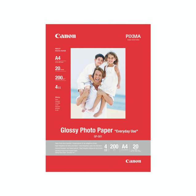 CW Office Canon Glossy Photo Paper A4 PK 20, product packaging with an image of children smiling at the beach.