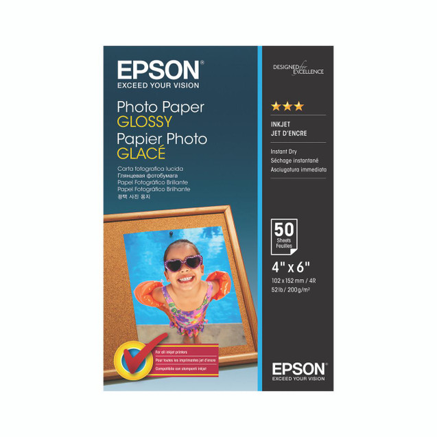 CW Office Epson Photo Paper 10X15 200GSM PK50, glossy photo paper package with a colorful picture of a smiling girl wearing sunglasses inside a wooden frame.