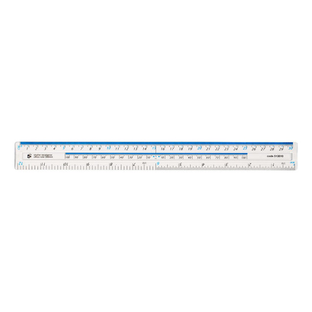 CW Office Ruler Shatter-Resistant 300MM Clear, transparent plastic measuring ruler with metric and imperial units.