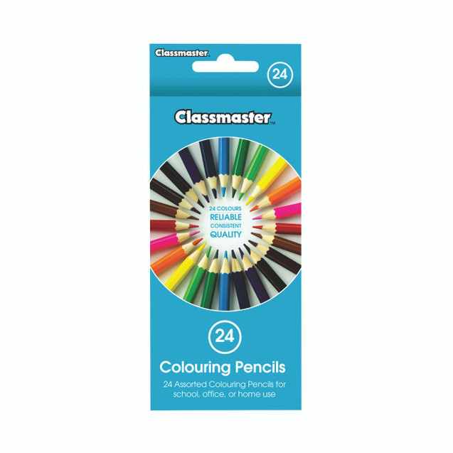 Product CW Office Classmaster Colour Pencils AST PK24, pack of 24 assorted colored pencils for school, office, or home use.