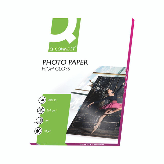 CW Office Q-Connect A4 High Gloss Photo Paper, image of a package of photo paper with a ballerina photo on the front