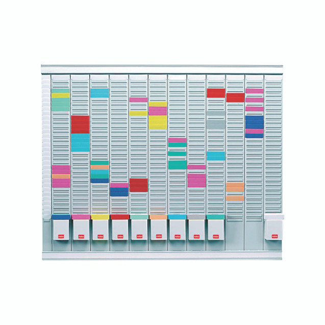 CW Office Nobo 12 T-Card Panel Planning Kit, organizational planner with multiple colored T-cards attached to white panel for planning and scheduling.