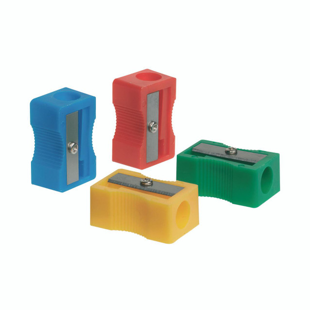 CW Office Single Hole Sharpener Plastic PK10, colorful plastic sharpeners with metal blades in blue, red, yellow, and green.