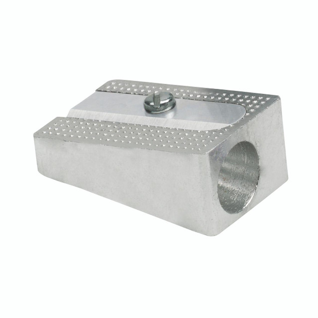 CW Office Metal Singlehole Psharpener PK50, metal pencil sharpener with a single hole and textured surface for sharpening pencils.