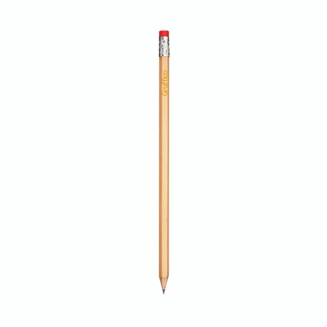 CW Office Graffico By 5 Star E/Tip Pencil P144, wooden pencil with a red eraser and silver ferrule, featuring the brand name 'Graffico' printed in yellow.