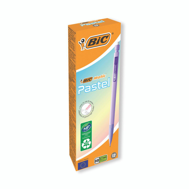 CW Office Bic Matic Mech Pencil 0.7 Pastel PK12, pastel-colored mechanical pencil in purple color with packaging box.