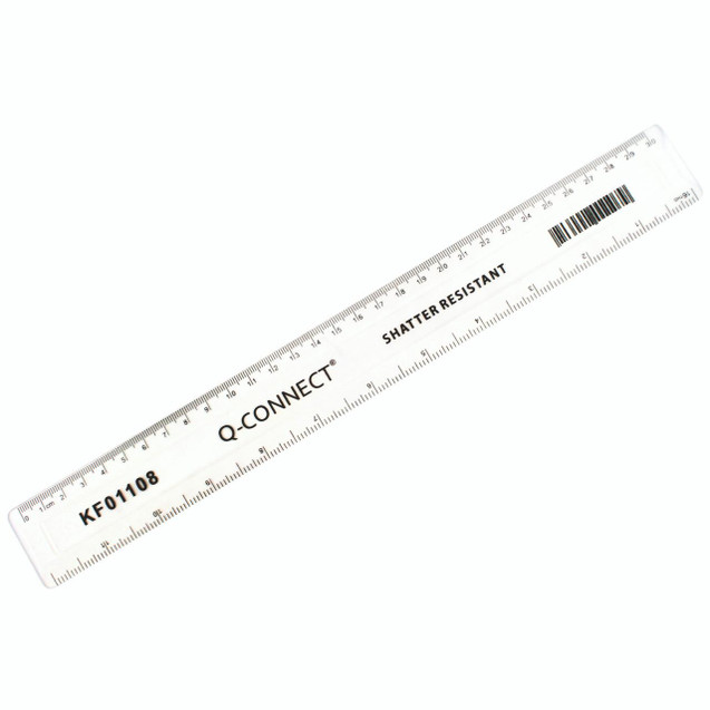 Q-Connect Shatterproof Plastic Ruler, transparent plastic ruler with measurement markings and barcode.