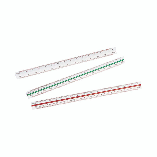 CW Office Linex Triangular Scales 311:300MM, set of three 300mm triangular rulers with measurement markings in red, green, and black for precise engineering and drafting tasks.