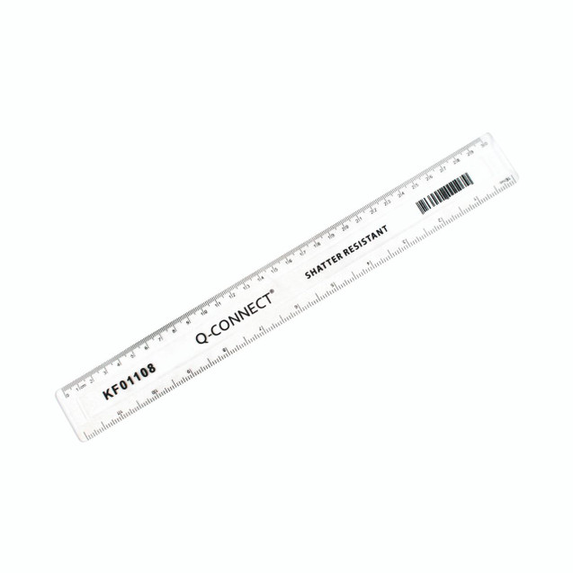 CW Office Q Connect Ruler Shatterproof 30CM PK10, transparent shatter-resistant plastic ruler with measurement markings and product details.