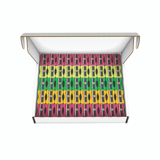 CW Office Plastic Sharpeners PK100 Assorted, set of colorful plastic sharpeners in a box with pink, yellow, green, and black designs.