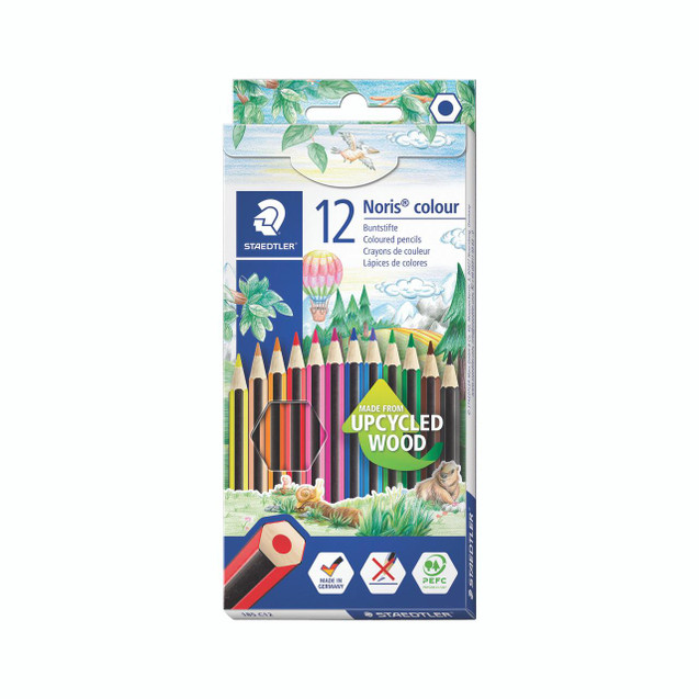 CW Office Staedtler Noris Col Pncl 12 AST PK10, colored pencils in colorful packaging made from upcycled wood with nature-themed artwork and 12 vibrant colors.