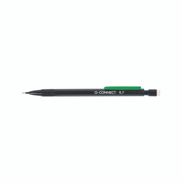 CW Office Q-Connect Mechanical Pencil Med PK10, black mechanical pencil with green clip and eraser, 0.7mm lead size.