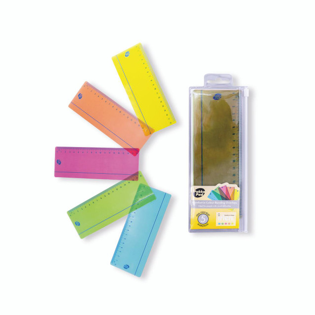 CW Office Pukka Pad Pukka Irlen Reading Ruler, set of colorful transparent rulers in yellow, orange, pink, green, and blue with a clear case.