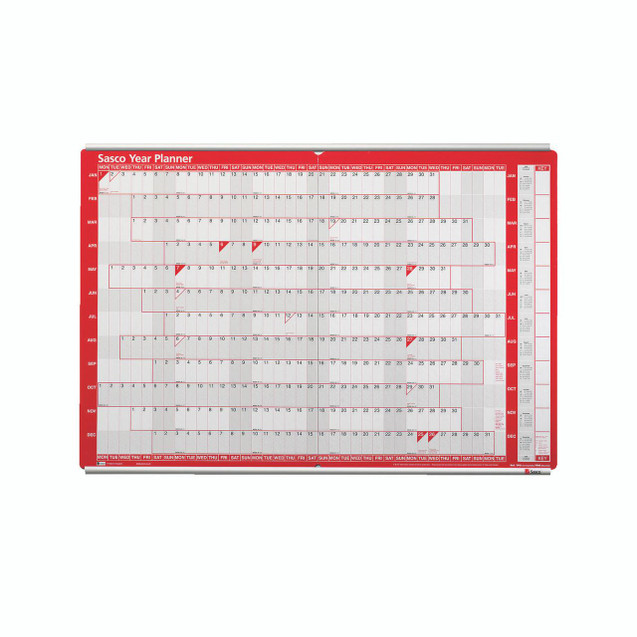 CW Office Sasco Chart Track Aluminium 36 Inch, red and white calendar track with aluminum top and bottom bars.