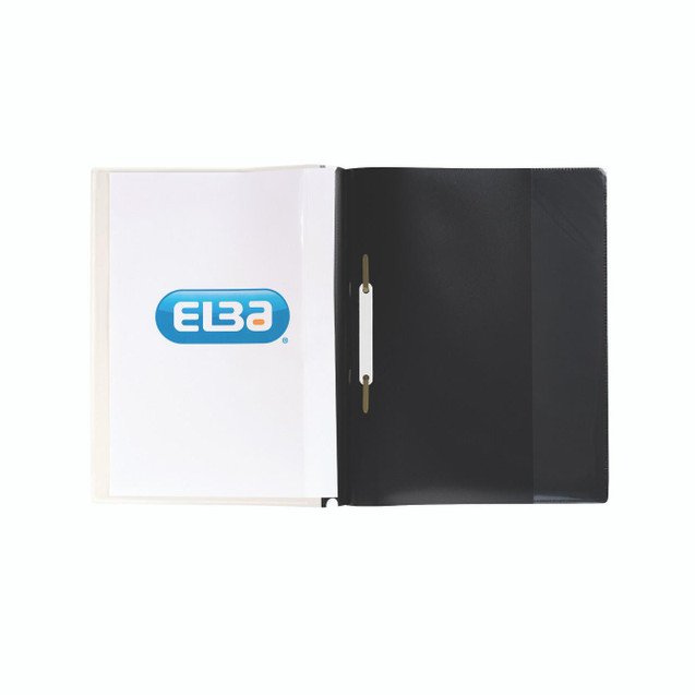 CW Office Elba Quotation Folder A4 Black PK25, open black A4-sized folder with a white inner page displaying the blue ELBA logo.