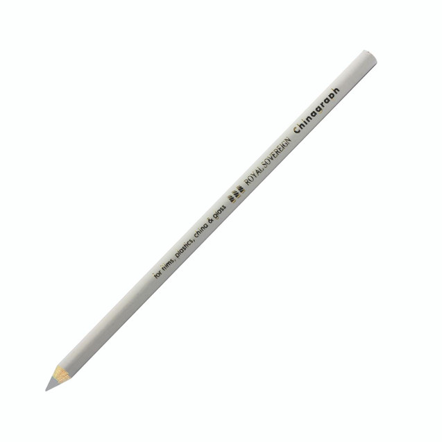CW Office Royal Sov Chinagraph Pencil WHT PK12, white chinagraph pencil with black text and a pointed tip for marking on various surfaces.