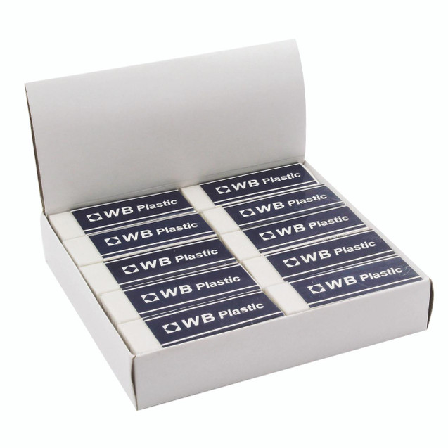 CW Office White Pencil Erasers PK20, box of white plastic erasers with black labels, in open packaging.