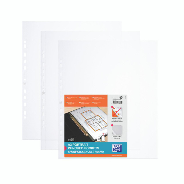 Product CW Office Oxford Pchd Pkt A3 Ptrt PP Clr PK100, pack of 25 punched pocket folders in clear plastic, suitable for A3 size documents, with anti-glare surface and resistant for daily use.
