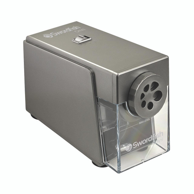 Product CW Office Swordfish Omni Electric Psharp SLV, an electric sharpening machine in sleek gray design with a transparent front panel and a circular sharpening wheel.