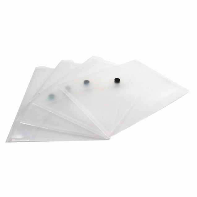 CW Office Graffico By 5 Star Doc Folder P50, set of transparent plastic document folders with round colored snap buttons for secure closure.